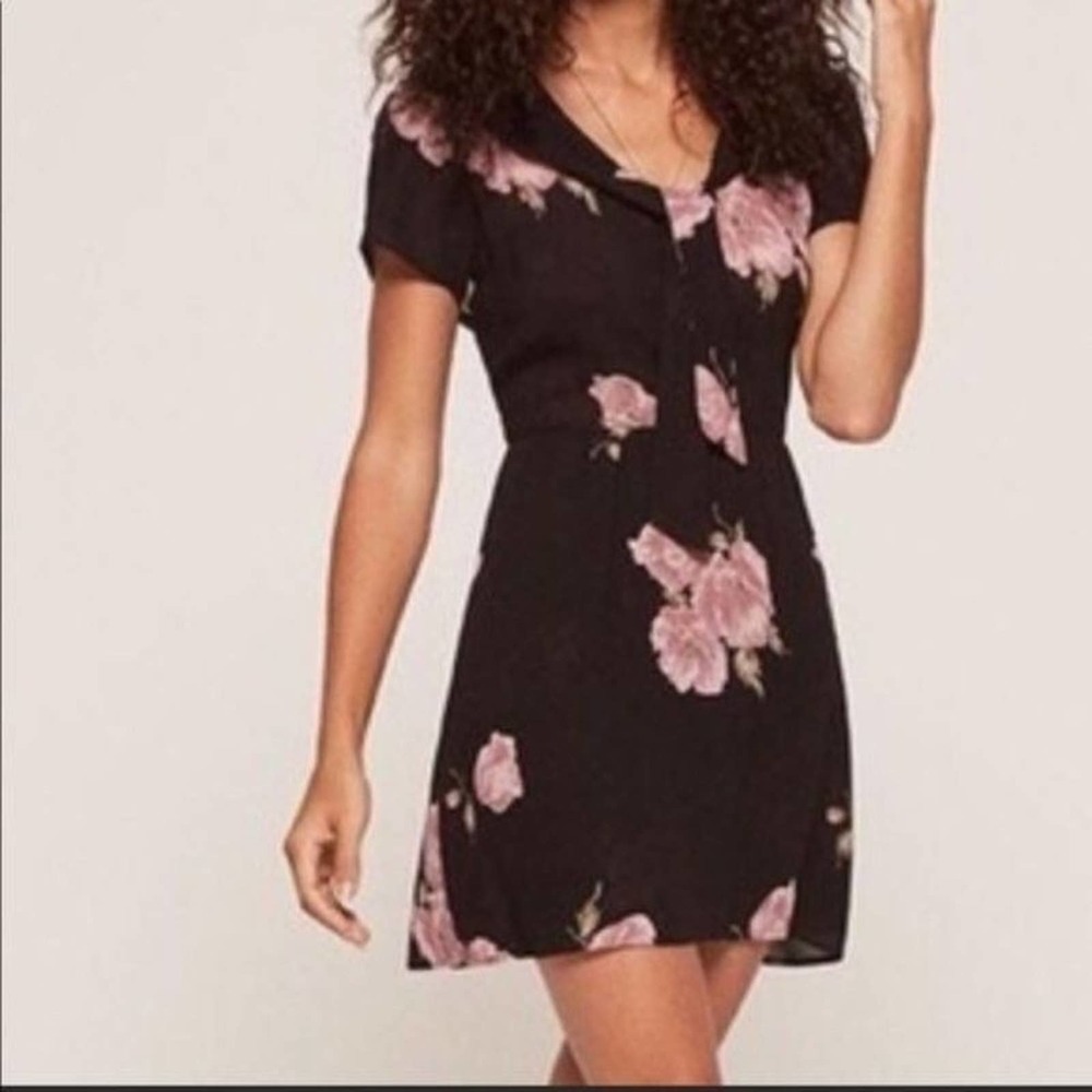 REFORMATION Fraser Black Floral Tie Short Sleeve V Neck Button Up Mini Dress 2